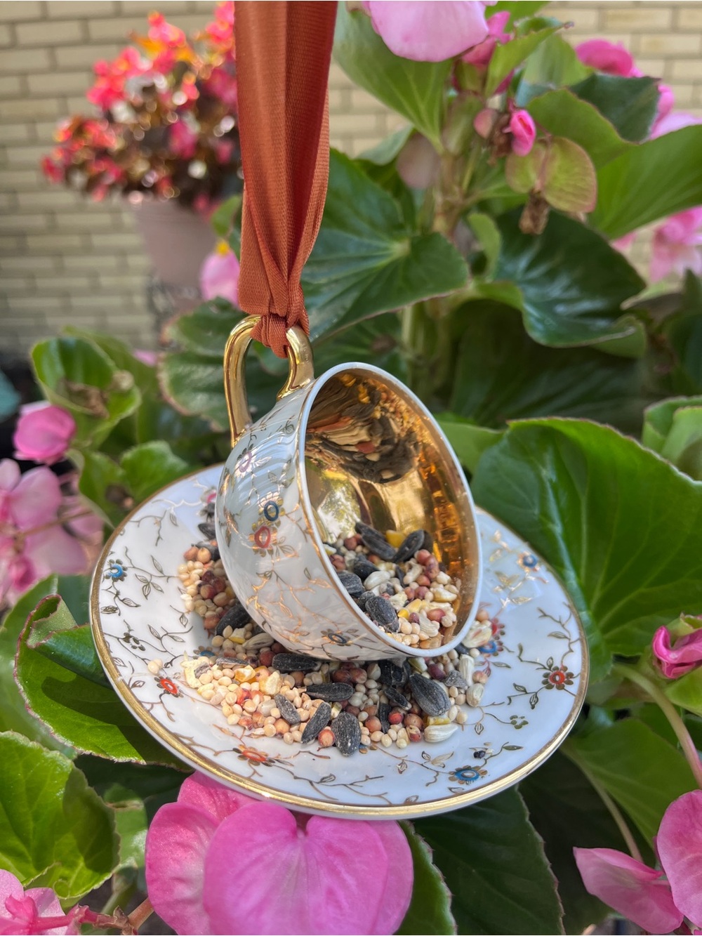 Bird feeder made from vintage china.